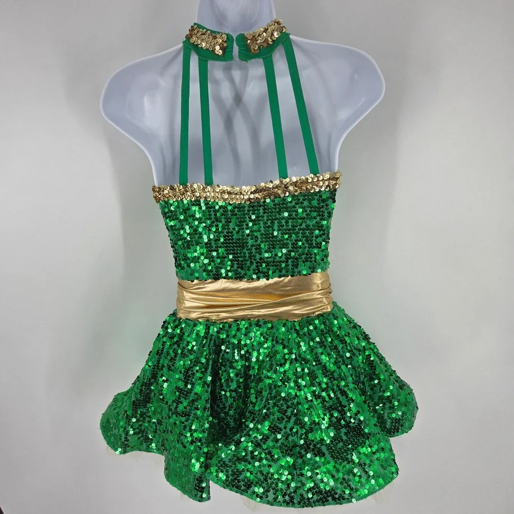 Weissman Green Gold Sequin Dance Costume Halter Strappy Back LC Performance